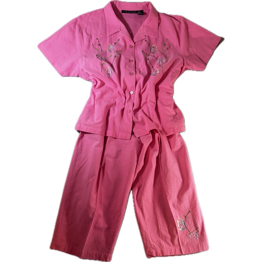 WTG Ladies Club Pink Cotton Loungewear Set 2X Embroidered Tropical Fish Hot Pink - Picture 2 of 8